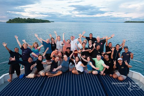 group photo with mermaid crew in Raja Ampat 2015